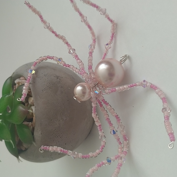 Handmade Pink Glass and Crystal Beaded Spider - Picture 2 of 3